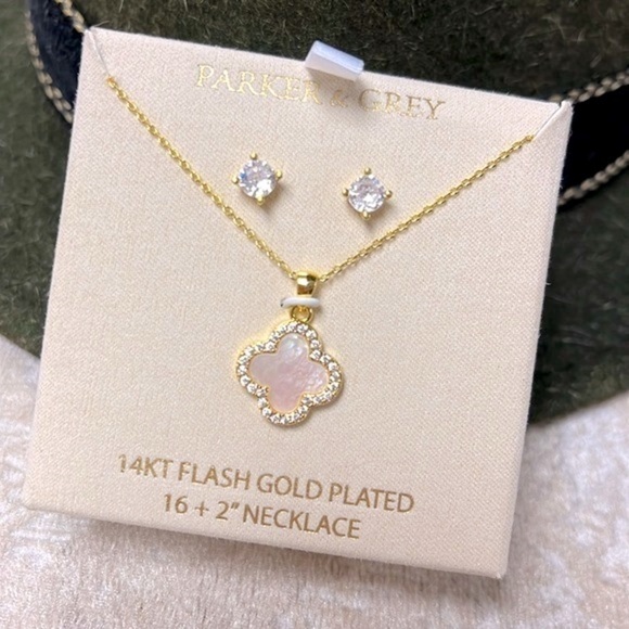 Brand New Parker & Grey 14K Gold Plated Mother of Pearl Necklace & Earring Set - Picture 2 of 10